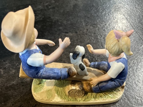 Homco Denim Days Figurine 8827 Playtime 1985 Boy Girl and Puppy on Seesaw - Picture 2 of 7