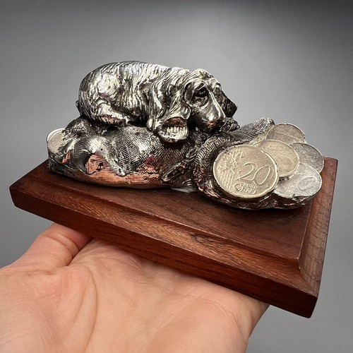 Vintage Sterling Silver Plated Dog Figurine Euro Coins With Wood Base Animal Art - Picture 2 of 10