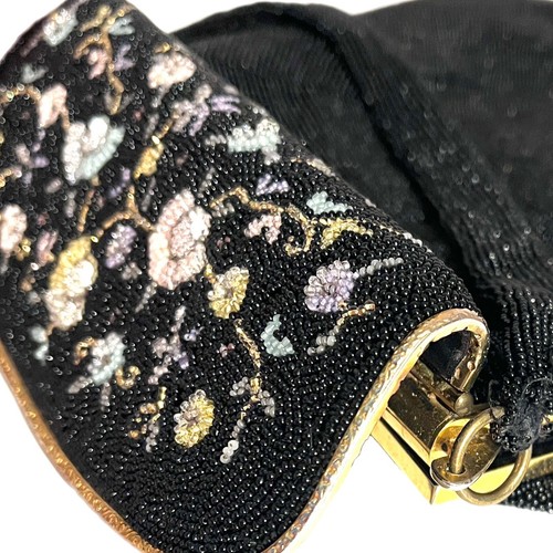 Borsetta vintage borsetta completa di perline nera chiusura cerniera floreale 2 tasche manico 13" - Foto 3 di 6