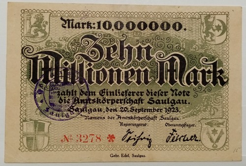 Bad Saulgau Zehn Millionen Mark Notgeld Note Banknote Inflation