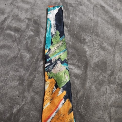 Corbata de seda abstracta Hardy Amies y cuadrado de bolsillo nueva con etiquetas naranja, verde y azul 56" de largo - Imagen 3 de 6