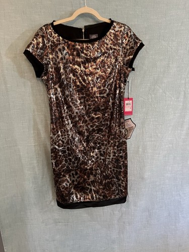 VINCE CAMUTO Women's Animal Print Sequined Cap-sleeve Party Sheath Dress 10 TEDO - Picture 1 of 12