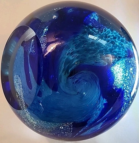 VTG Iridescent Ocean w/Bubbles Swirl Art Glass Paperweight Green Blue 3"T EUC - Picture 8 of 12