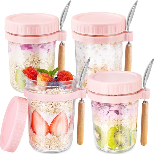 Glass Overnight Oats Containers with Lids and Spoon, 16oz Wide Pink - 4 Pack 