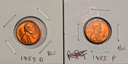 1955 P AND D BU LINCOLN  WHEAT BACK PENNIES - "L" ON RIM ERROR