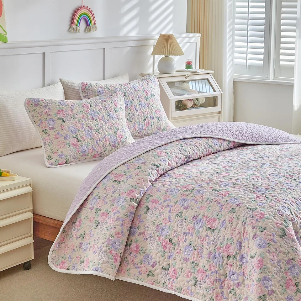 Juego de edredón de algodón de 3 piezas para niñas, talla Queen púrpura y rosa flores violeta... Foto 4 de 4