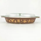 Vintage Pyrex Early American 1.5 Qt Divided Casserole Dish w/Lid Brown Gold USA