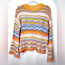 NWOT 70s Style Crochet Long Sleeve Striped Top Size Small