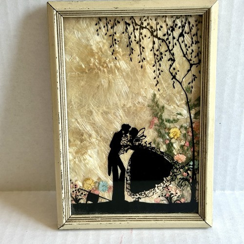 Vintage Reversed Painted Fairy Love Silhouette Art Pressed Flowers Wood Frame - Bild 5 von 8