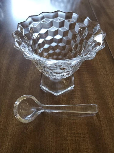 Vintage Fostoria American Footed Mayonnaise Bowl Hexagonal Base 4 1/2" W/Spoon