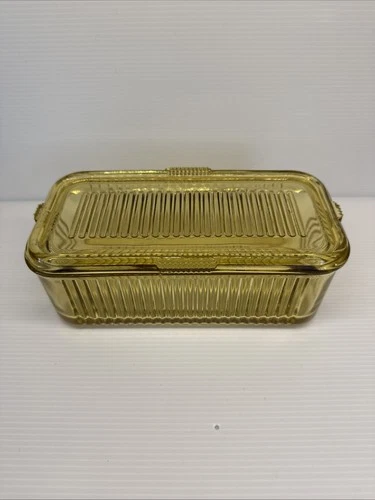 VINTAGE Federal YELLOW Glass Amber Refrigerator Dish W/Lid Ribbed Glass NICE!
