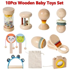 10x Montessori Toys for Baby Toddler Hand Wooden Rattles Toy Set Infant Grasping
