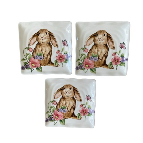 MAXCERA Easter Bunny Spring Floral Porcelain Salad Plates 9in Square Set 3 NEW - Picture 12 of 14