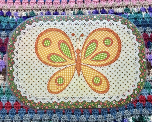 Vintage doppelseitiges Schmetterling Blumen Patchwork Tischset 4er Set 70er Landhaus Retro - Bild 3 von 5