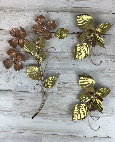 LOTTO Vintage MCM Homco Dogwood Fiori e Foglie 3D Ottone Rame Parete 3 Pezzi - Foto 5 di 7