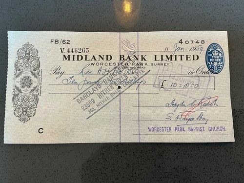 10 Midland Bank Cheques Dated 1958 & 1959 Worcester Park Branch - Imagen 2 de 11