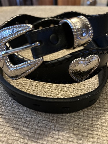 Women's Vintage Black Wavy Leather Silver Studded Heart Accents Belt SZ 33-37”
