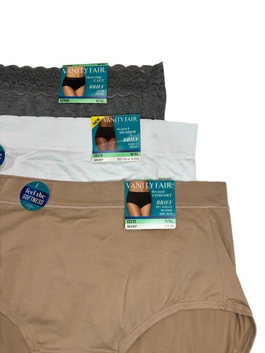 VANITY FAIR Women’s Size 8 XL Briefs 3-Pack Underwear Lace Gray White Beige Soft - Picture 2 of 4