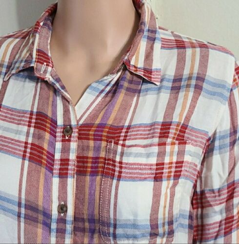 Lucky Brand Womens Boyfriend Plaid Button Front Shirt Size XS White Red Rayon - Picture 3 of 12