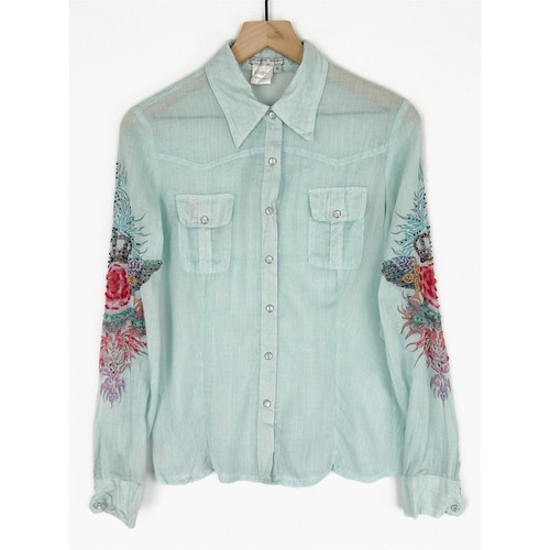 Alberto Makali Top Womens Medium Blue Y2K Roses Crown Sequin Beaded Pearl Snap
