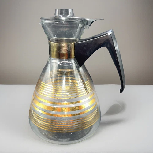 RARE Vintage 50s MCM Pyrex Glass Carafe Gold Stripes Removable Lid Grandma Core