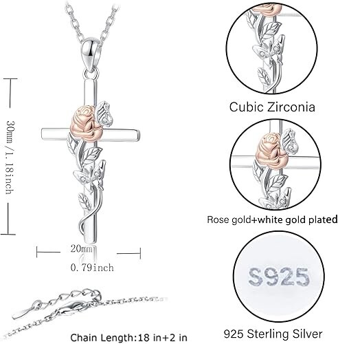 925 Sterling Silver Rose Flower Cross Pendant Necklace Jewelry Gift for Women - Picture 4 of 4