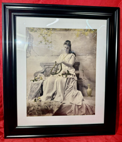 Antique Large 1896 Victorian 16x20 Schram Bros Albumen Photo Girl Playing Harp - Picture 4 of 24
