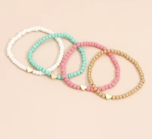 Women Heart Bracelet 4pc Set Elastic Beaded Stackable Jewelry - Picture 2 of 6