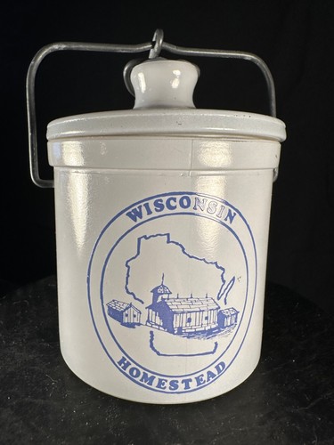 Vintage Wisconsin Homestead Stoneware Dairy Cheese Crock Jar Wire Bail Lid - Picture 1 of 7