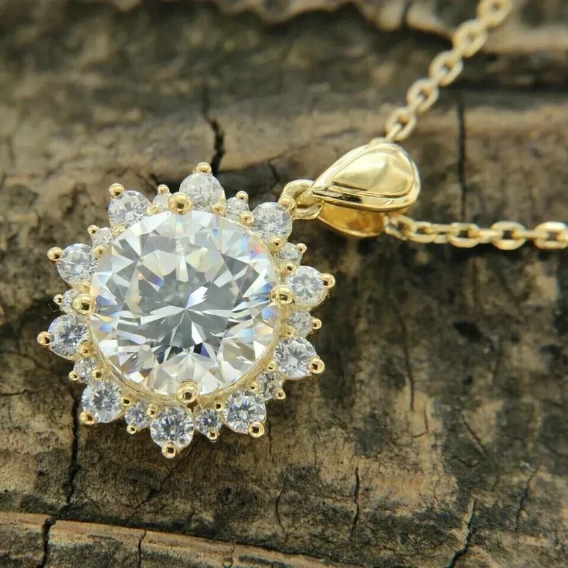 2.00 Ct Round Cut REAL Moissanite Sun Flower Pendant 14K Yellow Gold Plated