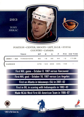 Tony Hrkac Signed Autographed 02/03 Itg First Edition card Atlanta Thrashers - Picture 2 of 2