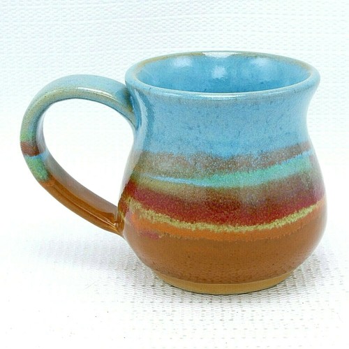 Coffee Mug Cup Studio Art Pottery Ceramic Turquoise Brown Red Drip Glaze 12 oz - Picture 9 of 12