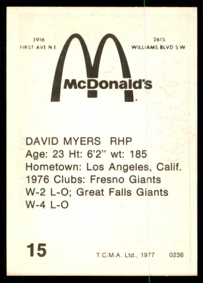 1977 TCMA David Myers Cedar Rapids Giants #0236 - Image 2 of 2