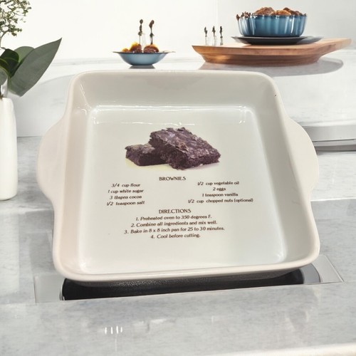 White Ceramic Casserole Baking Dish- With Brownie Recipe Printed On Dish 