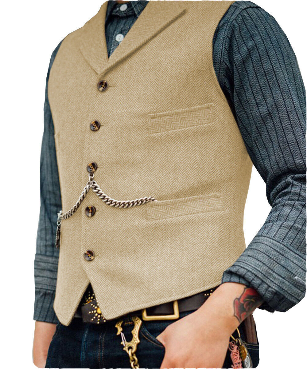 Men's Vintage Western Cowboy Vest – Tweed Herringbone, Wool Blend, Sizes M To 3XL