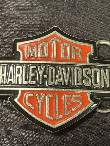 Vtg 80s Harley Davidson Motorcycles Brass Belt Buckle Red Black - Picture 3 of 14