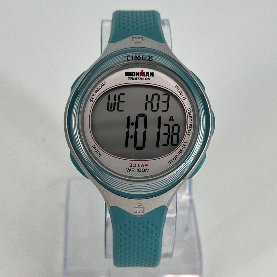 Reloj Timex Triatlón Ironman Reloj 30 Vueltas Azul Teal Gris Banda de Resina BATERÍA NUEVA Foto 2 de 4