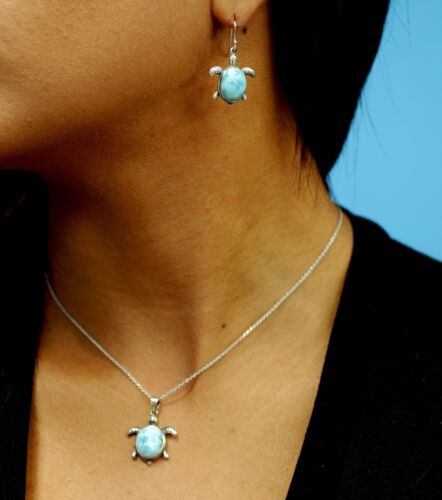 Larimar 12X10mm Oval Beautiful Sea Turtle Necklace .925 Sterling Silver - Picture 4 of 4