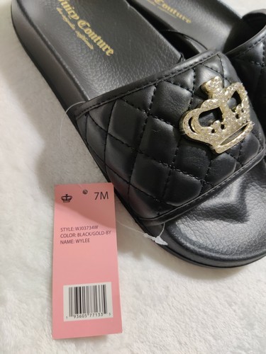 Juice Couture Sz 7 Wylee Slide Sandals Flip Flops Black Comfort Crown Rhinesto - Picture 10 of 11