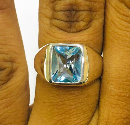 Natural Blue Topaz Gemstone with 925 Sterling Silver Ring for Men's AJ592 - Picture 2 of 9