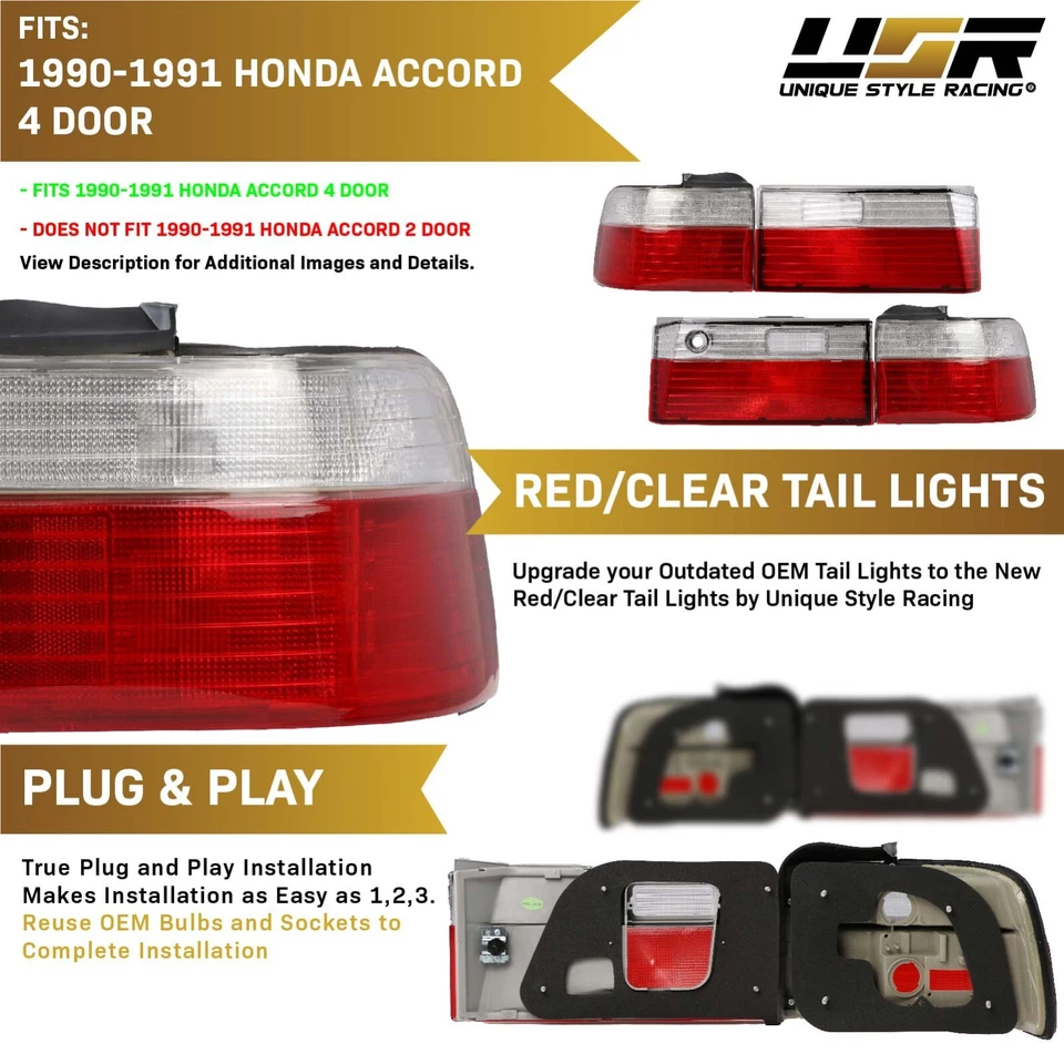 RARE! JDM Style RED / CLEAR Rear 4PCS Tail Light For 1990-1991 Honda Accord 4D Foto 3 de 4