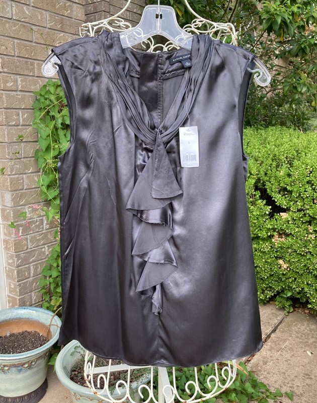 BANANA REPUBLIC NWT $69 BLACK RUFFLED SILK SL TOP  Sz S