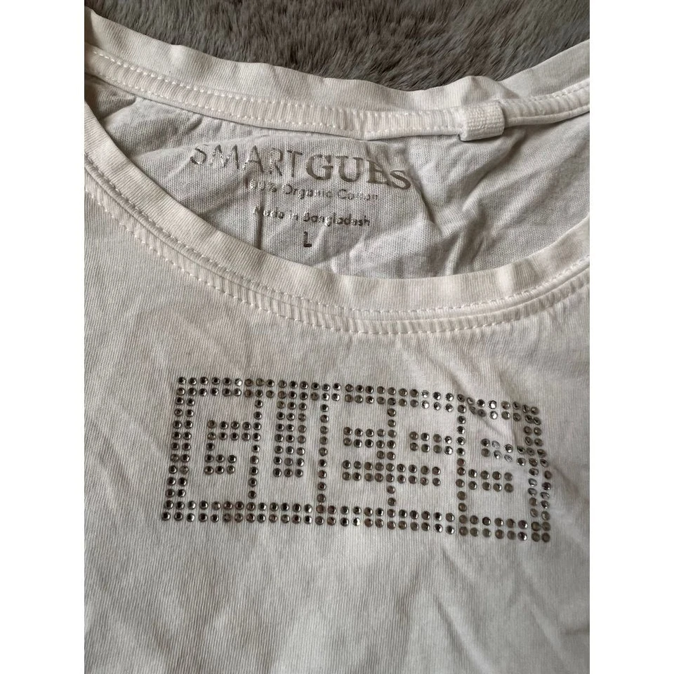 Smart Guess Kids White Cotton T-Shirt with Rhinestone Detail Girls Casual Top - Image 4 of 4