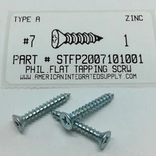 #7x1 Flat Head Phillips Tapping Screws Steel Zinc Plated (100)