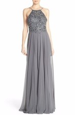 Jovani Embellished Chiffon Fit & Flare Dress Sz 4 Charcoal