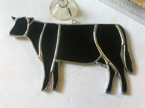 Vintage Black Cow Stained Glass Sun Catcher Lead w/ Suction Cup Holder 6"x4" NEW - Picture 2 of 5