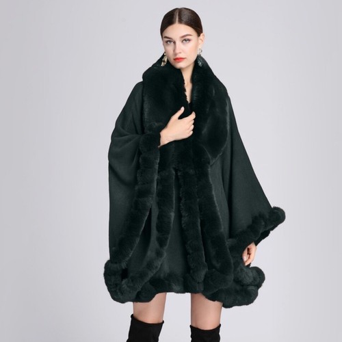 Women Faux Rabbit Fur Collar Shawl Cape Plus Size Knitted Cardigan Loose Jacket - Picture 14 of 40