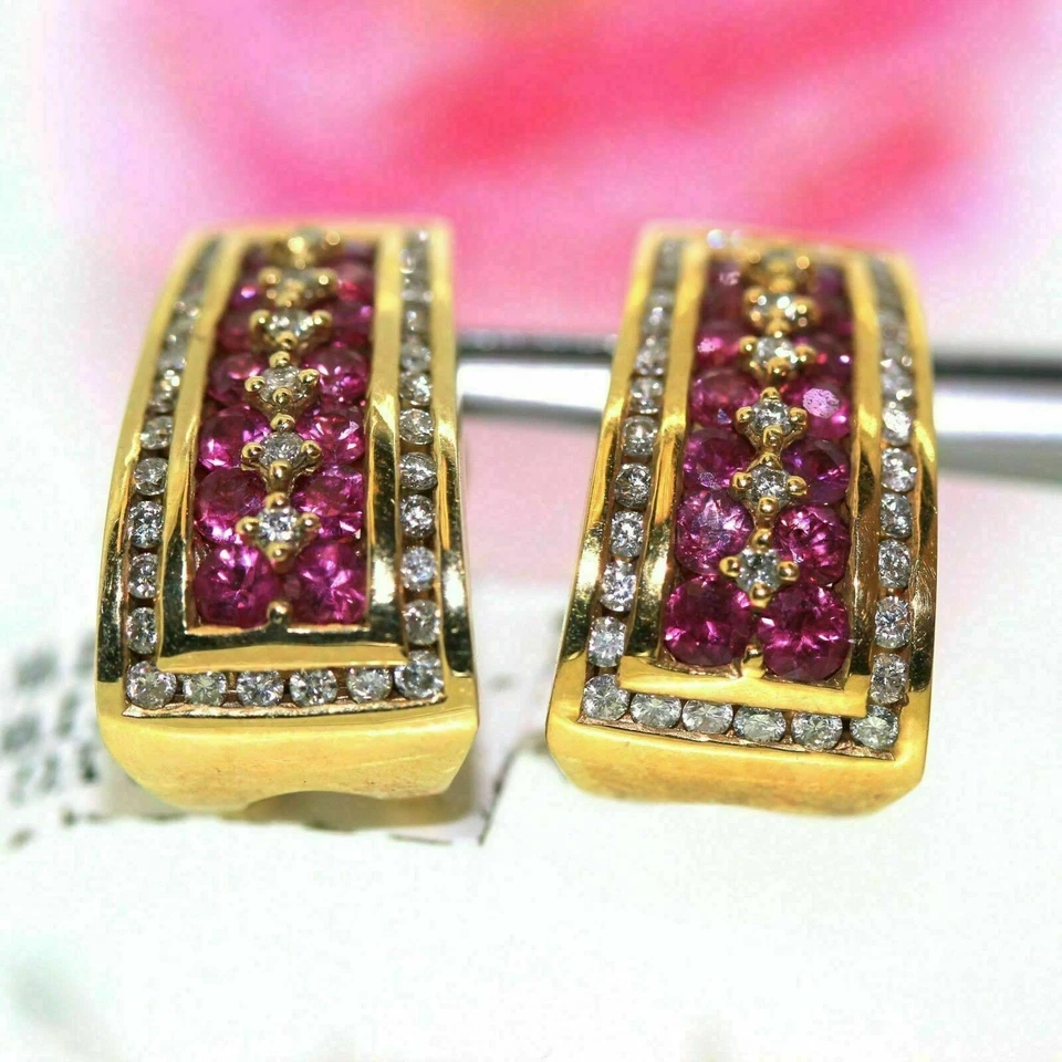 Natural Red Ruby 2.00Ct Round Pretty Hoop Earrings 14K Yellow Gold Plated Silver - Image 2 of 4
