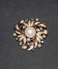 Cream Enamel Floral Leaf Goldtone 1.75" Monet Faux Pearl Rhinestone Brooch Pin