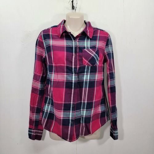 Arizona Jeans Co. Women's Small Pink Plaid Flannel Shirt Button-up Long Sleeve - Picture 2 of 5